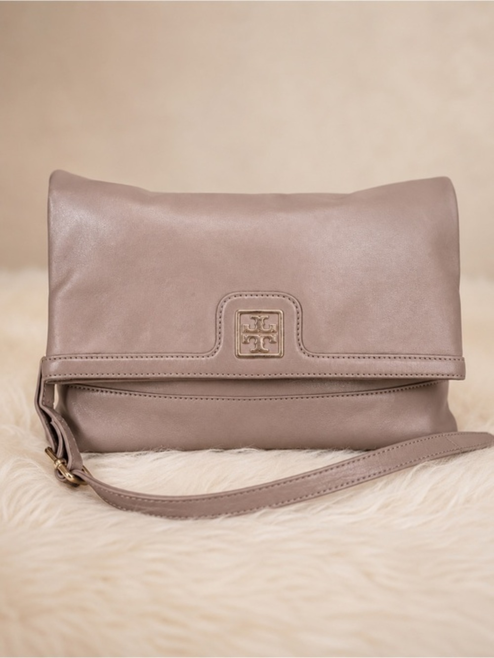 Tory Burch 3-Way Foldover Leather Crossbody Shoulder Bag Clutch Taupe